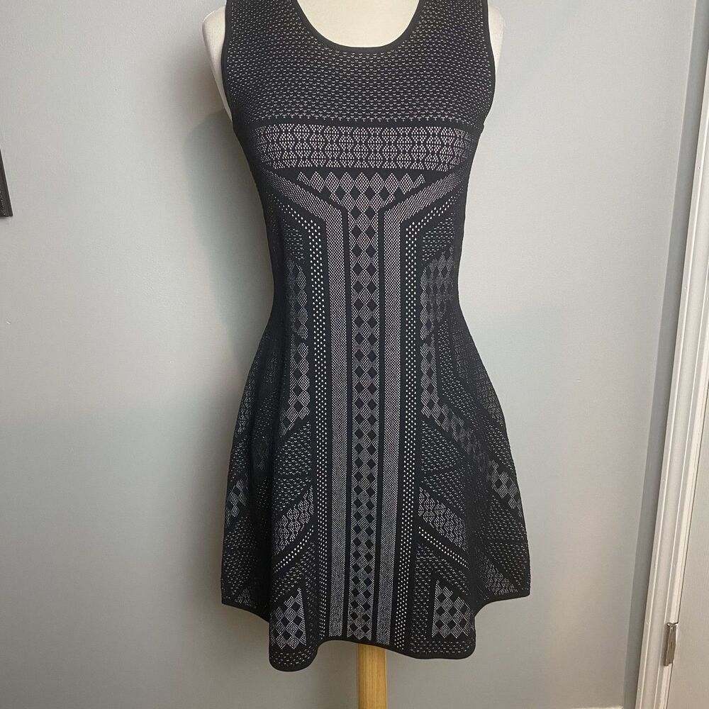 Chic Black & Ivory Geometric Knit Dress - Thick & Stretchy Bodycon - Size S/M